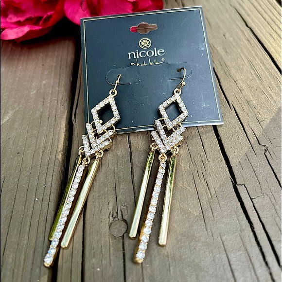 NWT NICOLE MILLER GOLD RHINESTONE FRINGE DANGLE EARRINGS - Picture 1 of 2